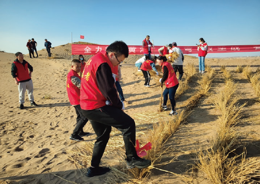 國家林草局青年干部走進沙漠，開展義務植樹 活動，與“改革先鋒”“人民楷?！薄叭珖紊秤⑿邸?王有德進行現場交流。