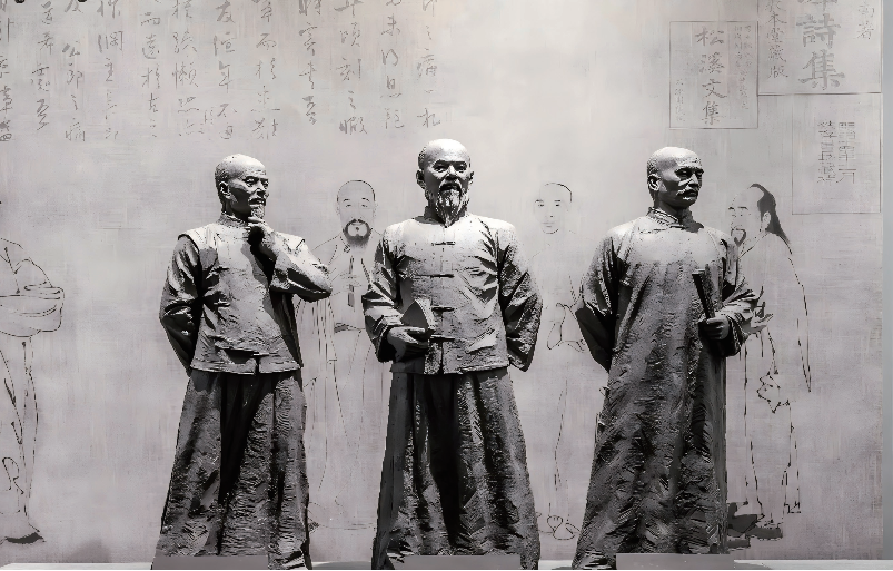 安徽名人館中桐城派方苞、劉大櫆、姚鼐三人塑像。